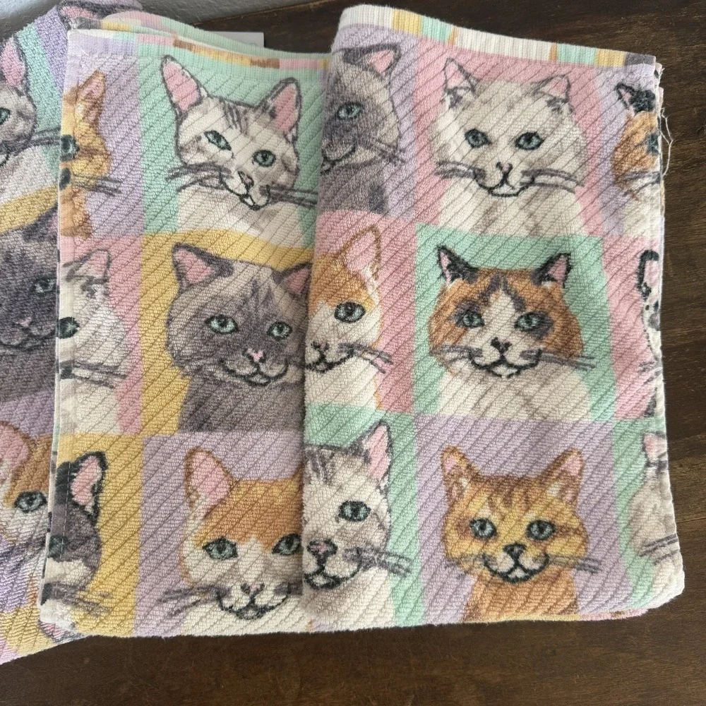 Deborah Connolly Cat Face Bath Towels Set Pastel Checkered Cotton Cat Lady 3pc‎